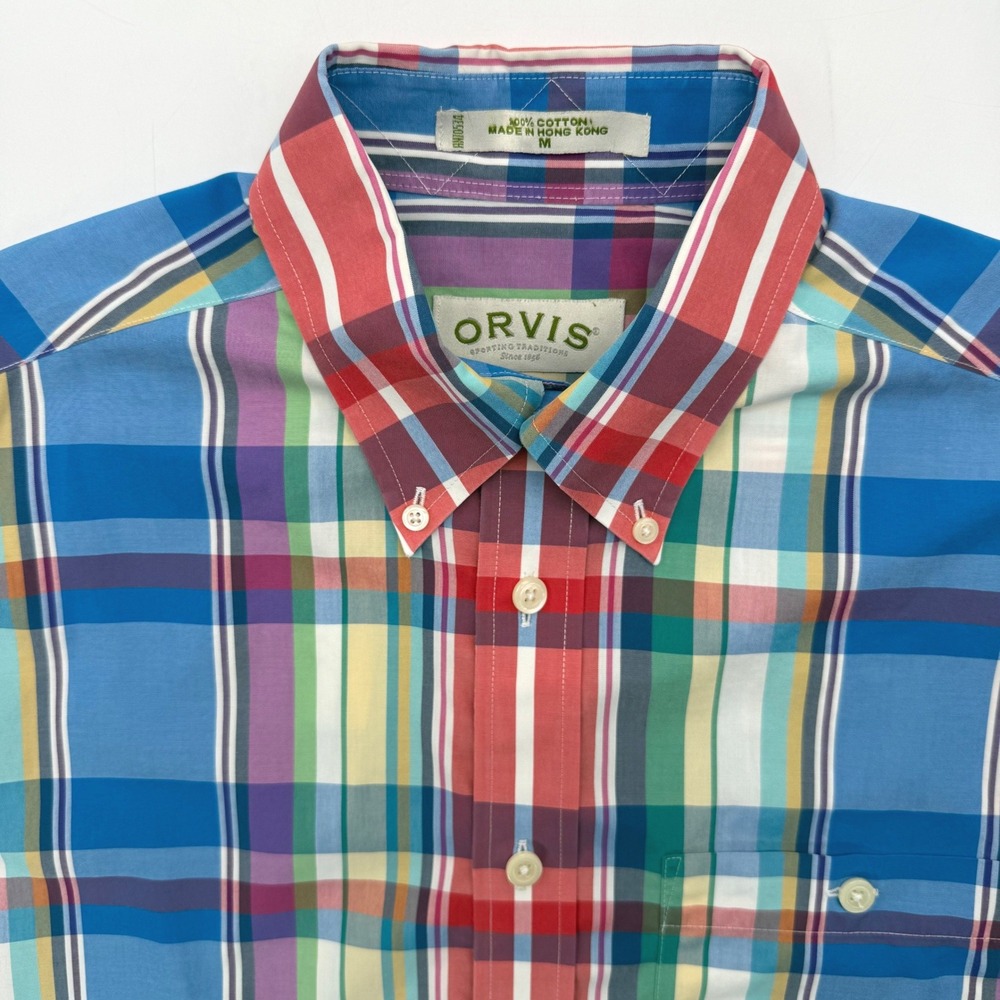Orvis Shirt Mens M Multicolor Plaid Short Sleeve Button Down Cotton Madras Style